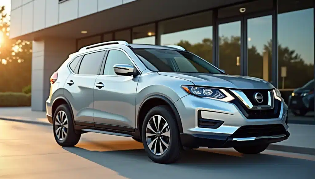 Silver Nissan SUV parked outside a modern building at sunset, illustrating vehicle collateral loan concept.