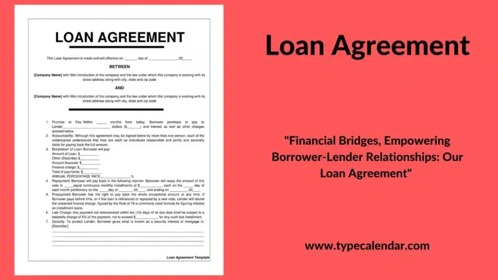 Printable loan agreement template with terms for borrower and lender, available in Word and PDF formats from typecalendar.com