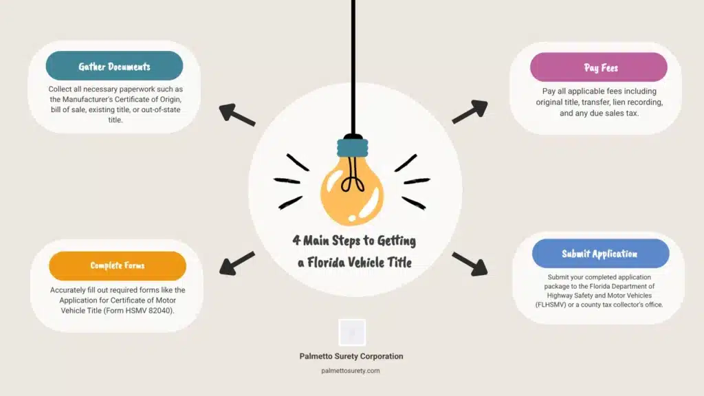 Infographic outlining four main steps to get a Florida vehicle title: gather documents, complete forms, pay fees, and submit application.